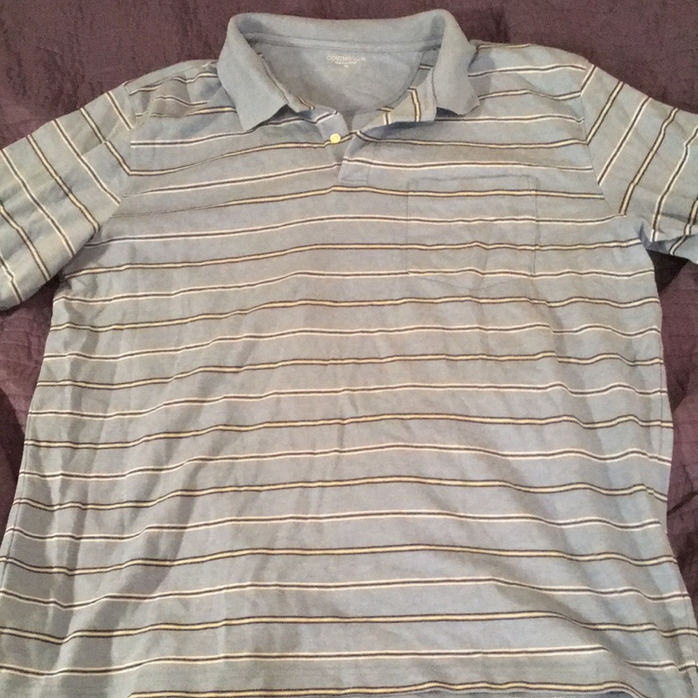 Covington Men's Polo Shirt - Blue with Tan Stripes Cotton